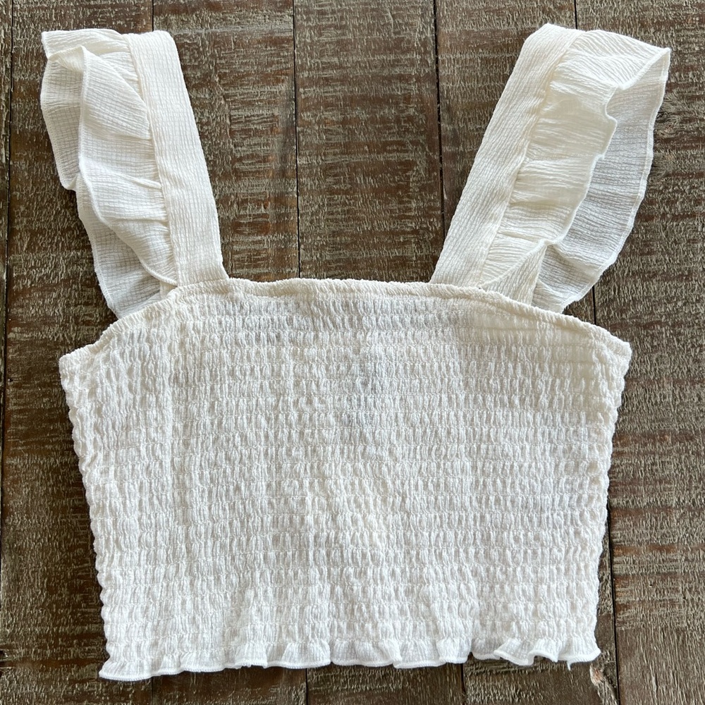 H&M White Smocked Ruffled Crop Tank Top